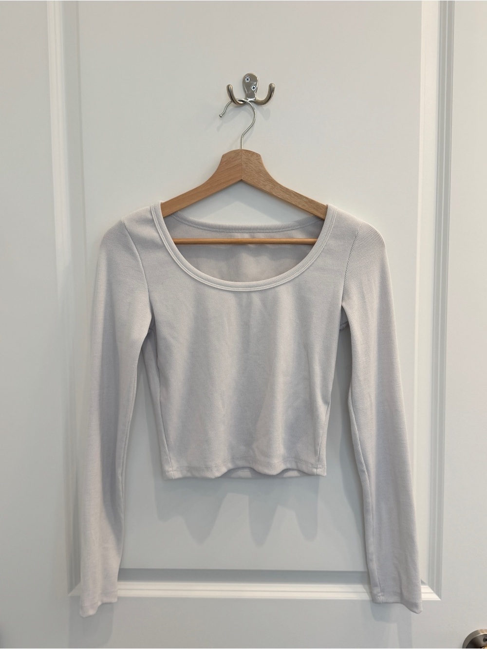 Long-Sleeve Scoop Neck Crop Top - Light Gray